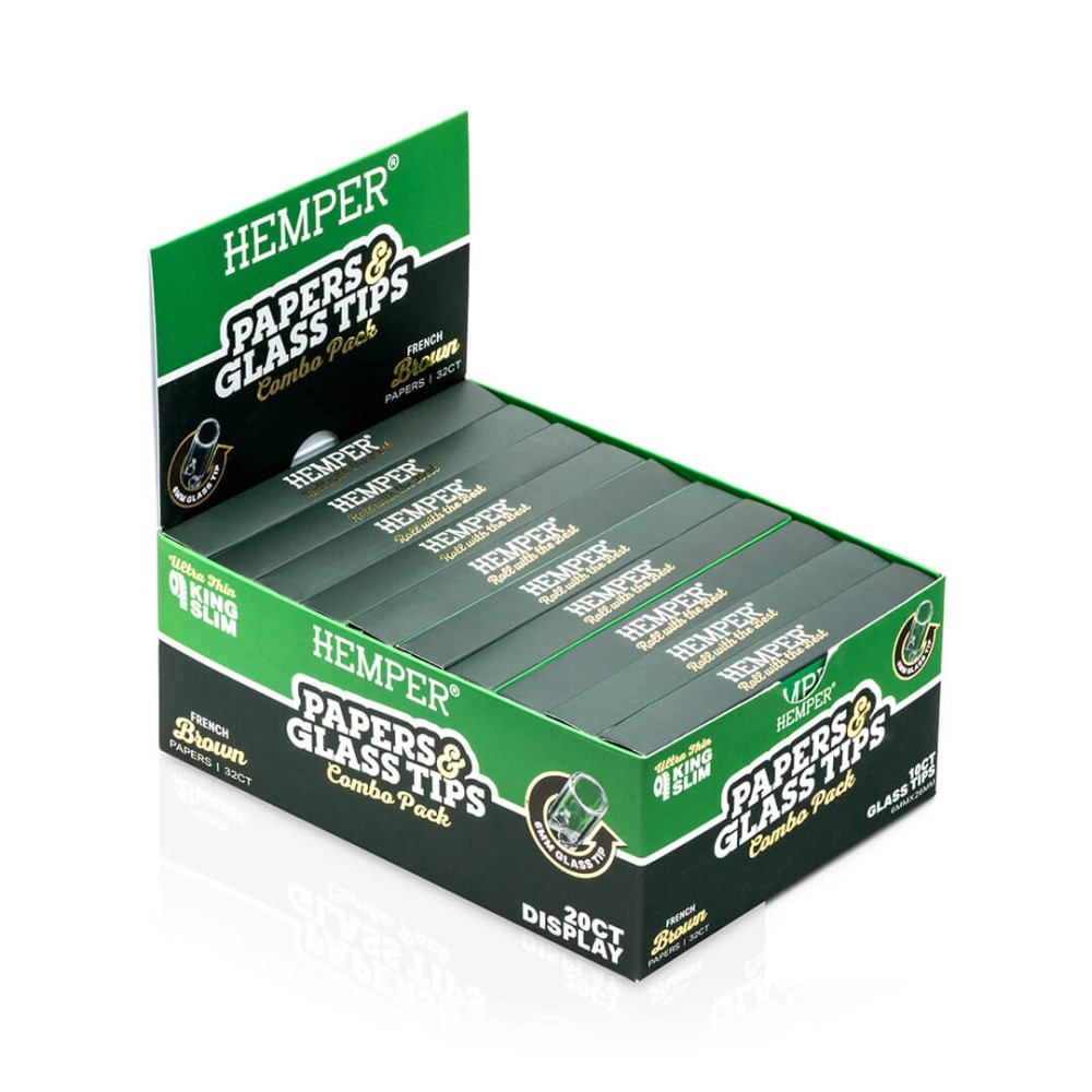 Karton mit Brown Rolling Papers + Glasfilter 6 mm Hemper Hemper Produkte