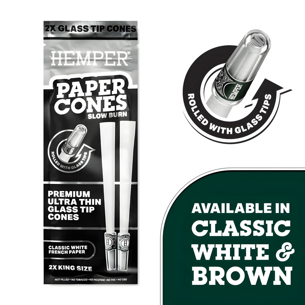 Hemper King Size Glass-Tipped Paper Cones, White Hemper Smoking accessories