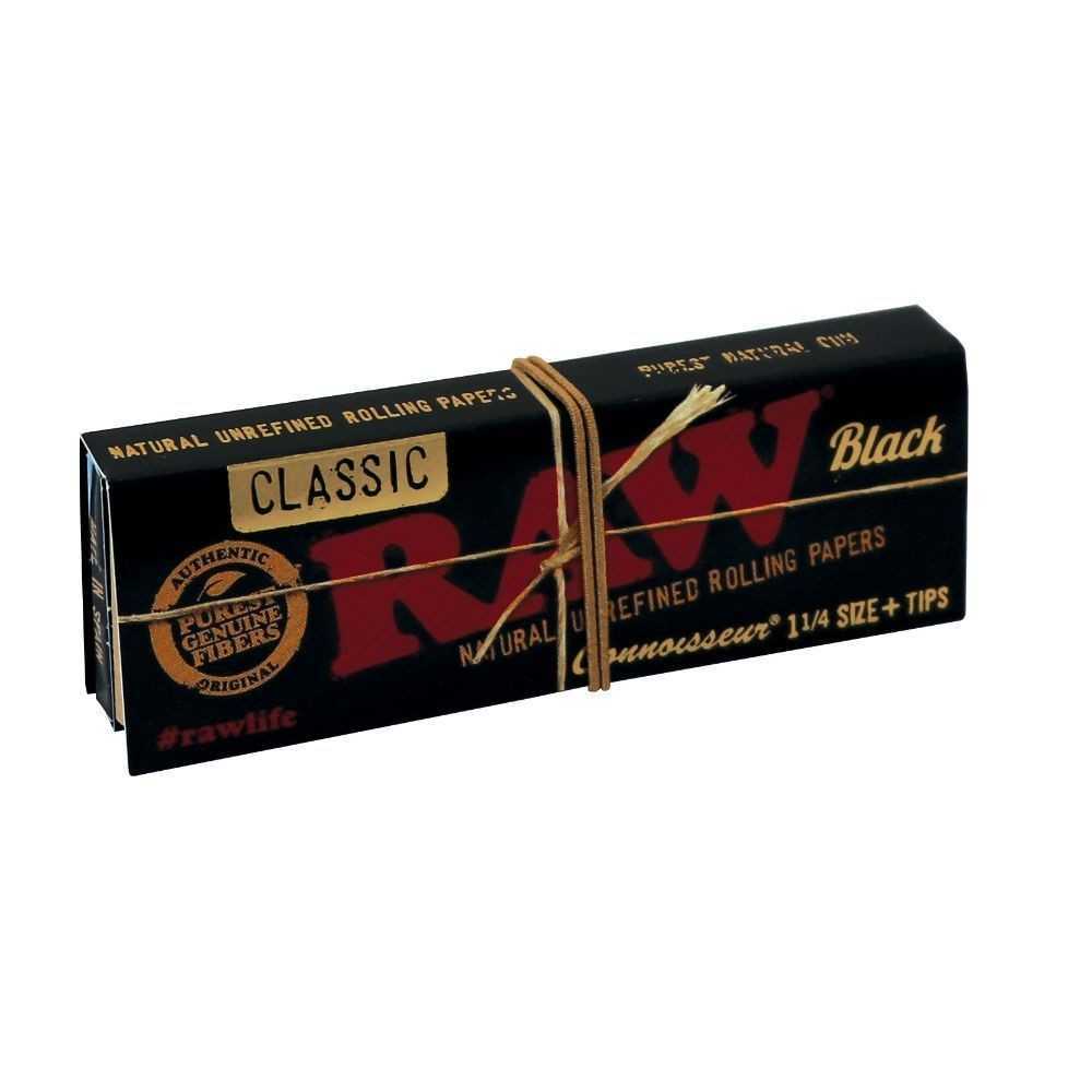 Carton Raw Black Connoisseur 11/4 + tips (24 paquets) RAW Feuille à rouler